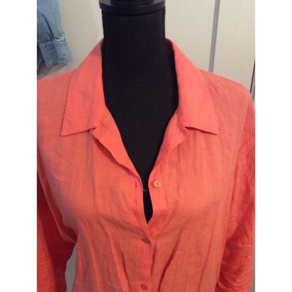 Eileen Fisher XL Irish Linen Button Front Tunic Top Collar Dark Pink
